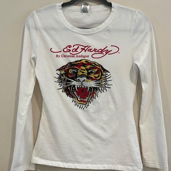 Ed Hardy Tops - Ed Hardy By Christian Audigier Ling Sleeve White T-Shirt Size L